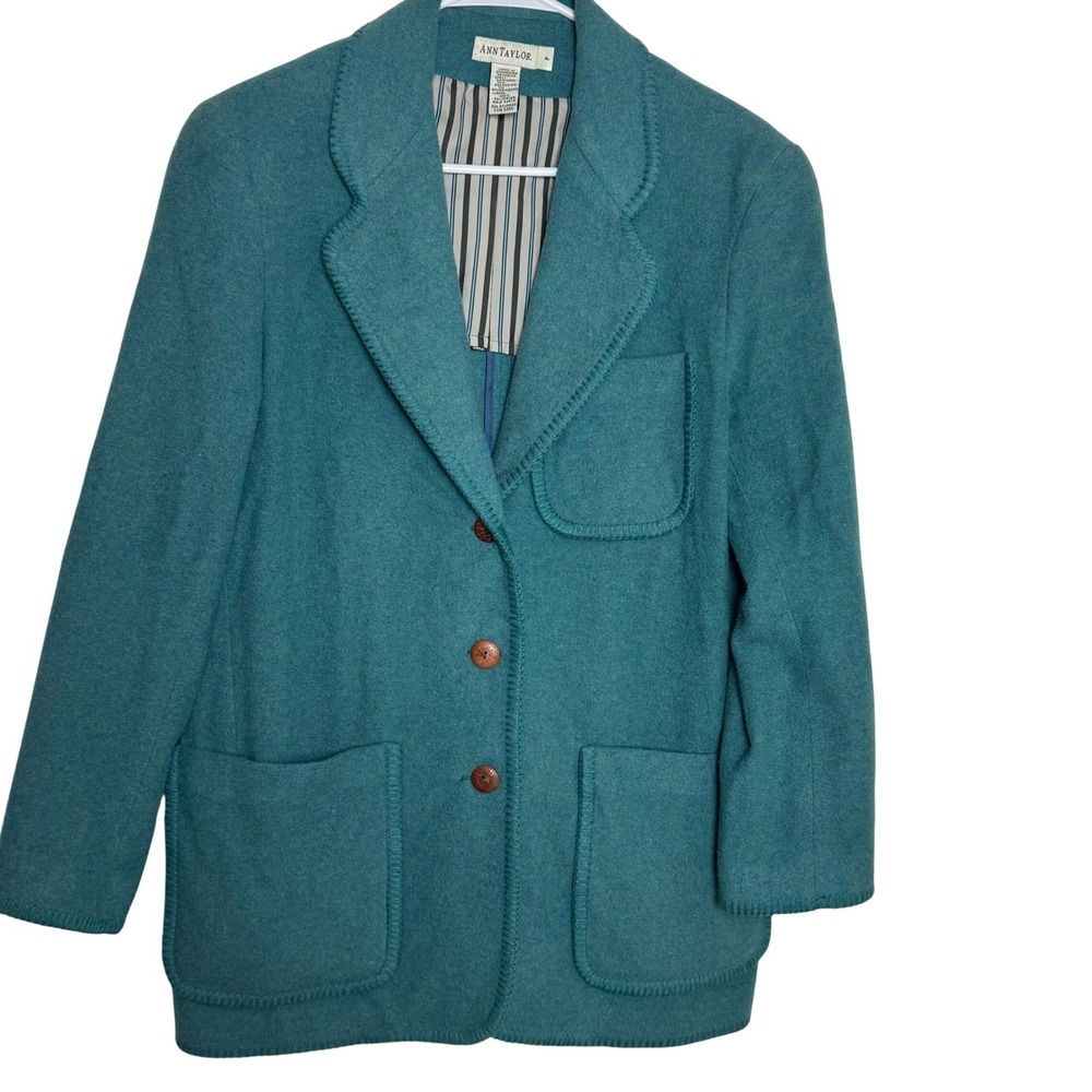 Ann Taylor Wool Blend Blazer Womens S Teal Blanket Stitch Button Front Jacket